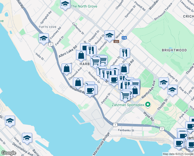 map of restaurants, bars, coffee shops, grocery stores, and more near 201 Wyse Road in Dartmouth