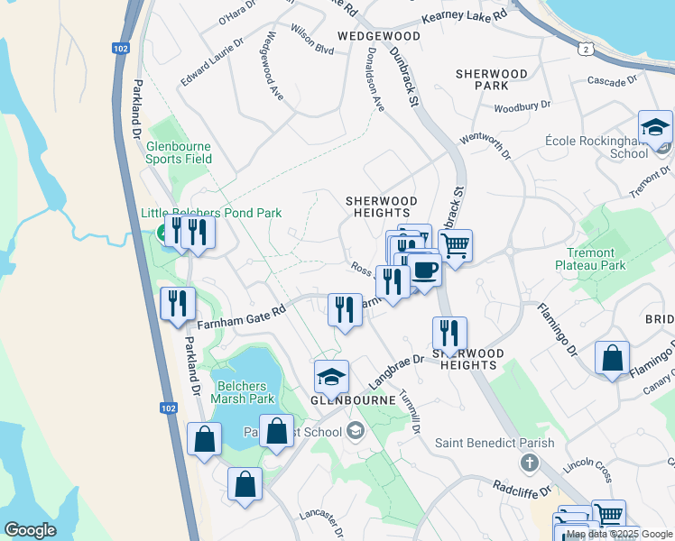 map of restaurants, bars, coffee shops, grocery stores, and more near 30 Attenborough Court in Halifax