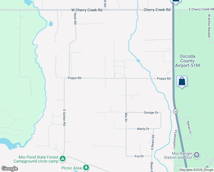 map of restaurants, bars, coffee shops, grocery stores, and more near 215-257 Popps Road in Mio
