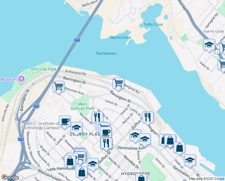 map of restaurants, bars, coffee shops, grocery stores, and more near 3709 Barrington Street in Halifax