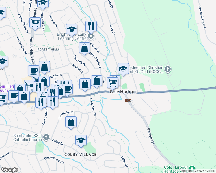 map of restaurants, bars, coffee shops, grocery stores, and more near 7A Arklow Drive in Dartmouth