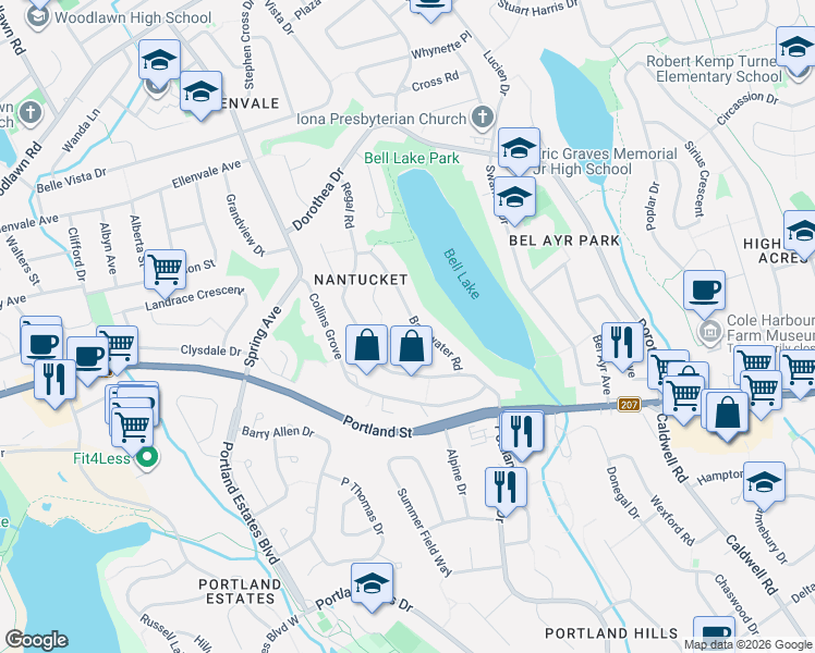 map of restaurants, bars, coffee shops, grocery stores, and more near 11 Bayswater Road in Dartmouth