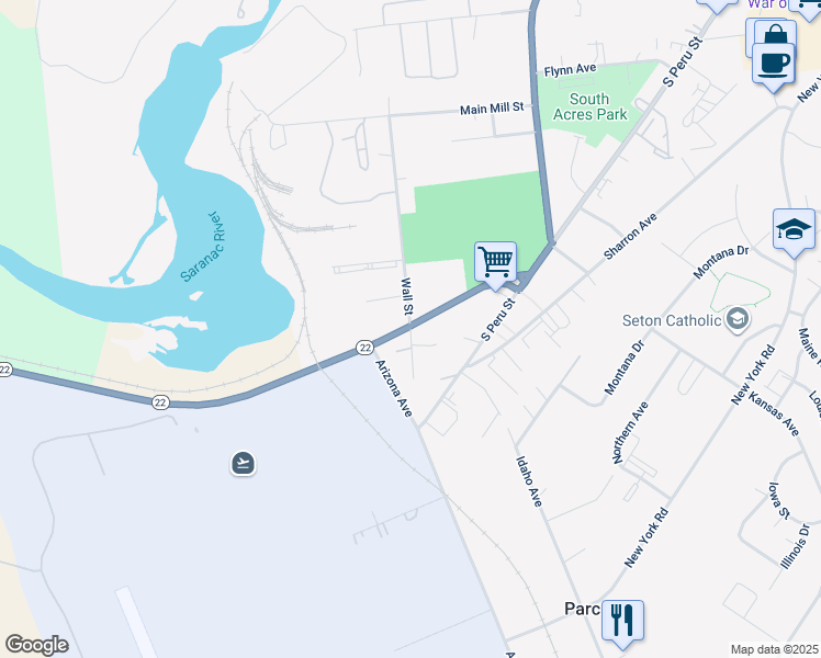 map of restaurants, bars, coffee shops, grocery stores, and more near 8 Wall St in Plattsburgh