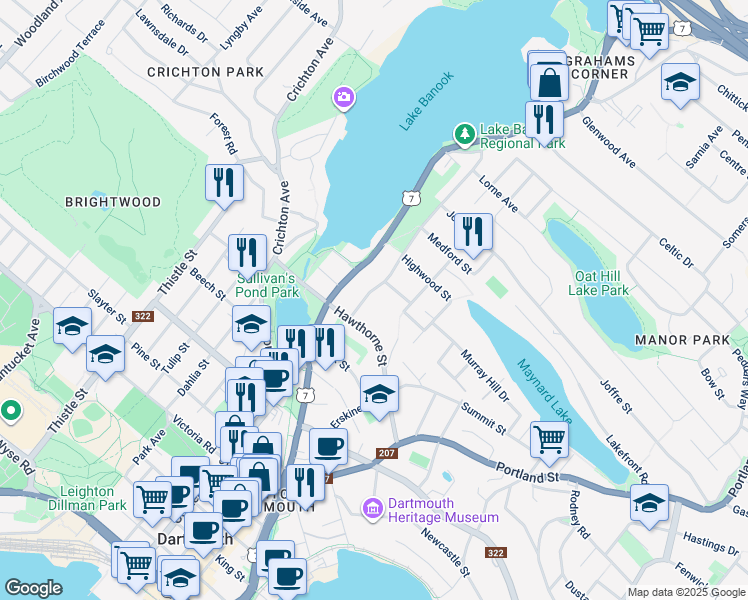 map of restaurants, bars, coffee shops, grocery stores, and more near 12 Sinclair Street in Dartmouth
