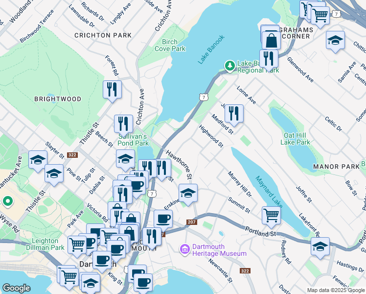 map of restaurants, bars, coffee shops, grocery stores, and more near 12 Sinclair Street in Dartmouth