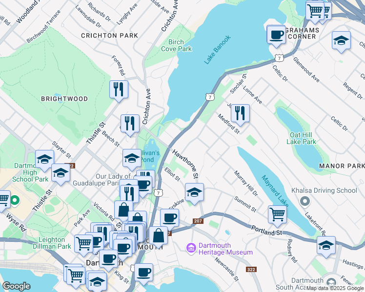 map of restaurants, bars, coffee shops, grocery stores, and more near 67 Hawthorne Street in Dartmouth