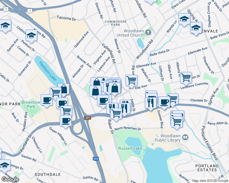 map of restaurants, bars, coffee shops, grocery stores, and more near 114 Woodlawn Road in Dartmouth