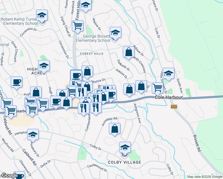 map of restaurants, bars, coffee shops, grocery stores, and more near 158 Silistria Drive in Dartmouth