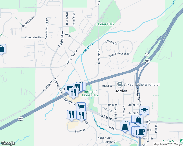 map of restaurants, bars, coffee shops, grocery stores, and more near 712 Syndicate Street in Jordan