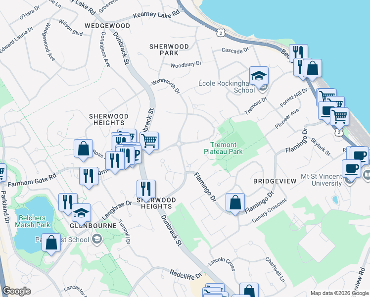 map of restaurants, bars, coffee shops, grocery stores, and more near 15 Eliza Ritchie Crescent in Halifax