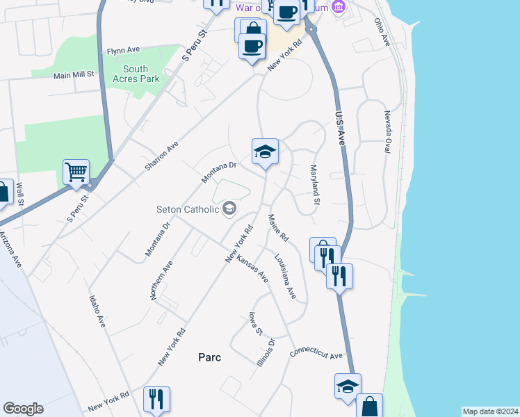 map of restaurants, bars, coffee shops, grocery stores, and more near New York Road in Plattsburgh