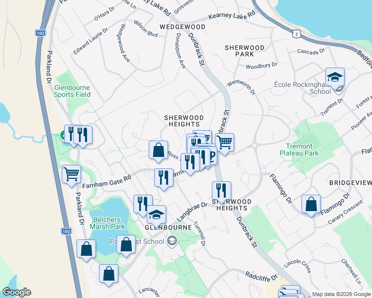 map of restaurants, bars, coffee shops, grocery stores, and more near 67 Farnham Gate Road in Halifax