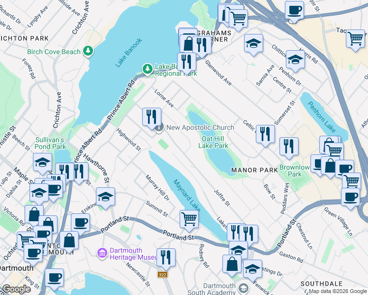map of restaurants, bars, coffee shops, grocery stores, and more near 128 Joffre Street in Dartmouth