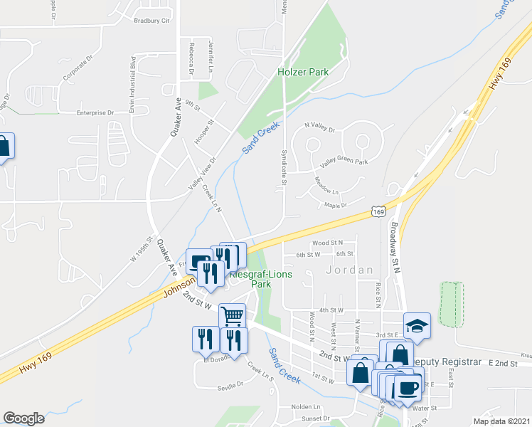 map of restaurants, bars, coffee shops, grocery stores, and more near 712 Syndicate Street in Jordan