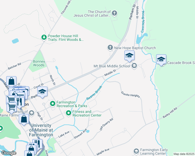 map of restaurants, bars, coffee shops, grocery stores, and more near Middle Street in Farmington