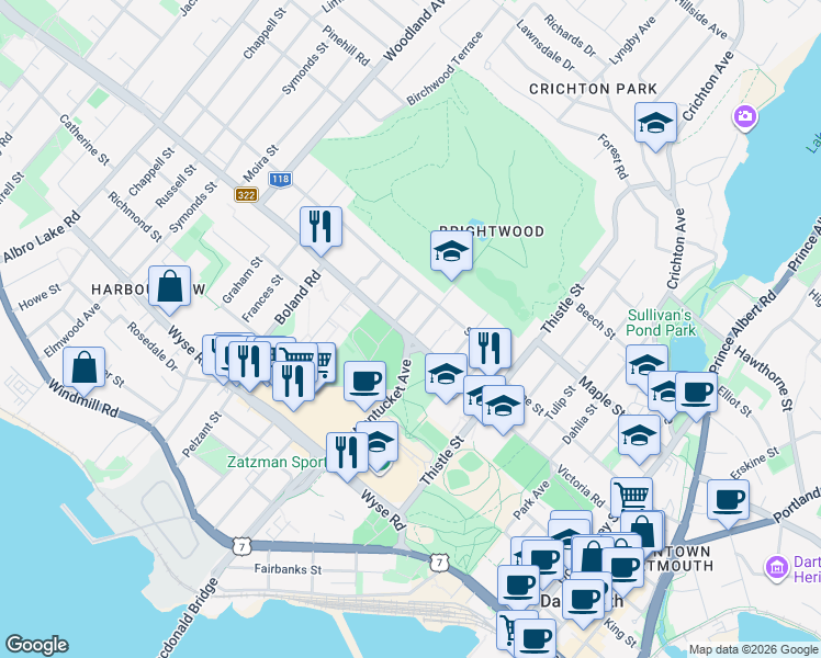 map of restaurants, bars, coffee shops, grocery stores, and more near 132 Victoria Road in Dartmouth