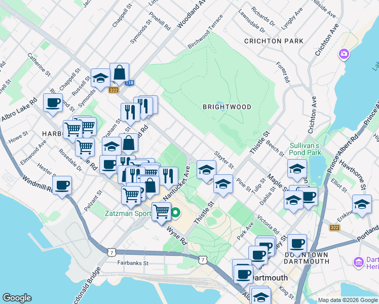 map of restaurants, bars, coffee shops, grocery stores, and more near 132 Victoria Road in Dartmouth