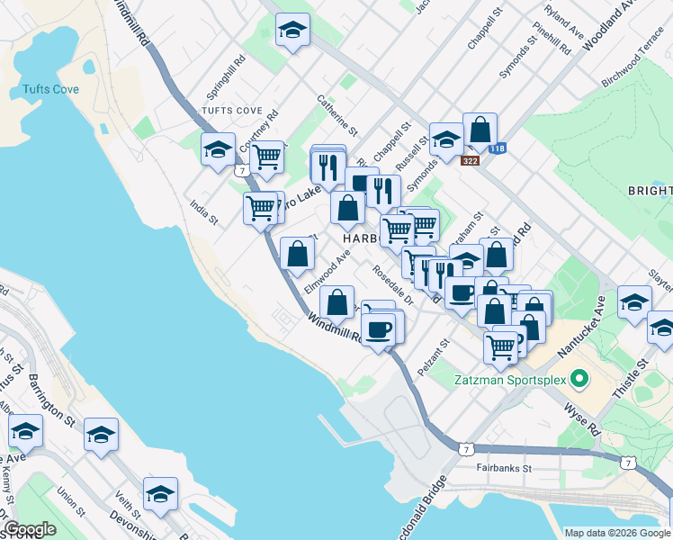 map of restaurants, bars, coffee shops, grocery stores, and more near 50 Hester Street in Dartmouth
