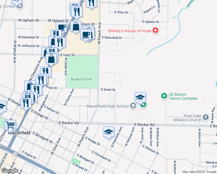 map of restaurants, bars, coffee shops, grocery stores, and more near 808 East Grant Street in Marshfield
