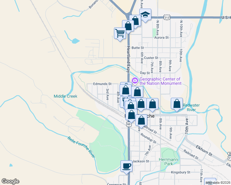 map of restaurants, bars, coffee shops, grocery stores, and more near 520 4th Avenue in Belle Fourche