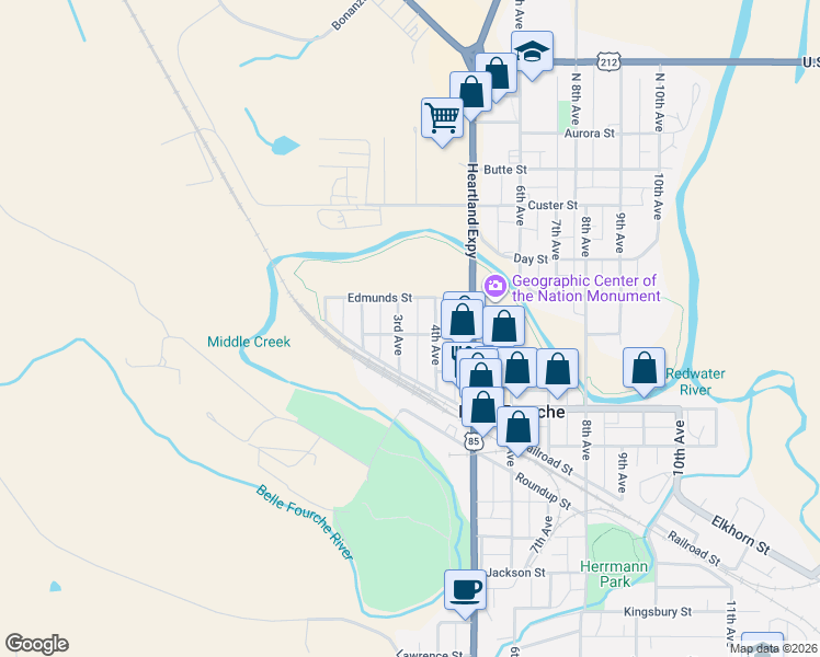 map of restaurants, bars, coffee shops, grocery stores, and more near 520 4th Avenue in Belle Fourche