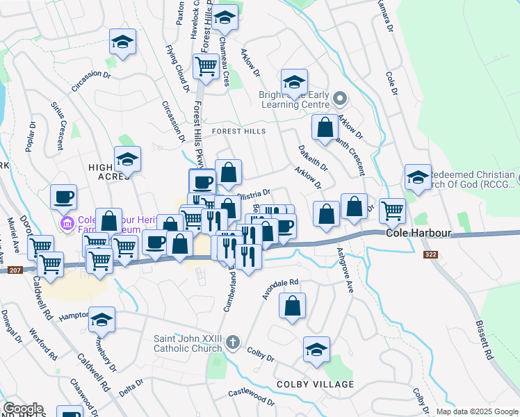 map of restaurants, bars, coffee shops, grocery stores, and more near 37 Beaufort Drive in Dartmouth