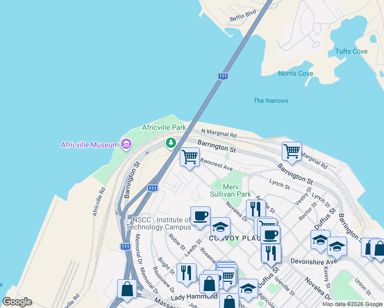 map of restaurants, bars, coffee shops, grocery stores, and more near 3895 Kencrest Avenue in Halifax
