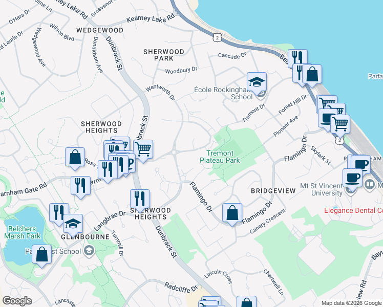 map of restaurants, bars, coffee shops, grocery stores, and more near 15 Eliza Ritchie Crescent in Halifax