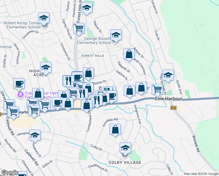map of restaurants, bars, coffee shops, grocery stores, and more near 163 Silistria Drive in Dartmouth