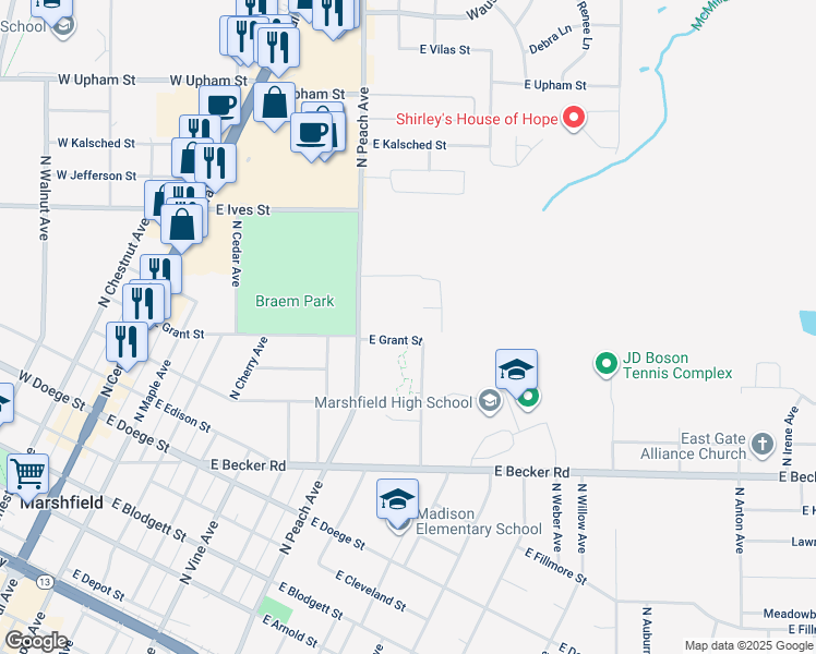 map of restaurants, bars, coffee shops, grocery stores, and more near 1007 East Grant Street in Marshfield