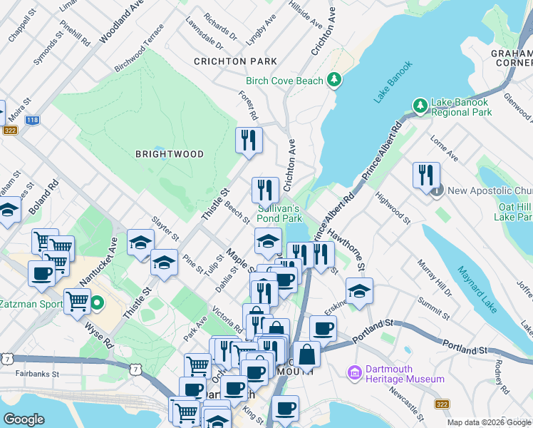 map of restaurants, bars, coffee shops, grocery stores, and more near 1 Oak Street in Dartmouth