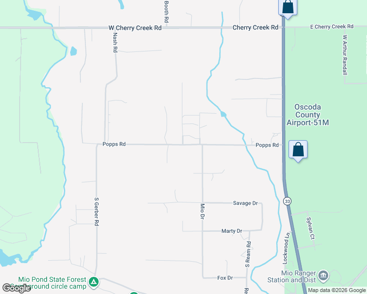 map of restaurants, bars, coffee shops, grocery stores, and more near 215 Popps Road in Mio