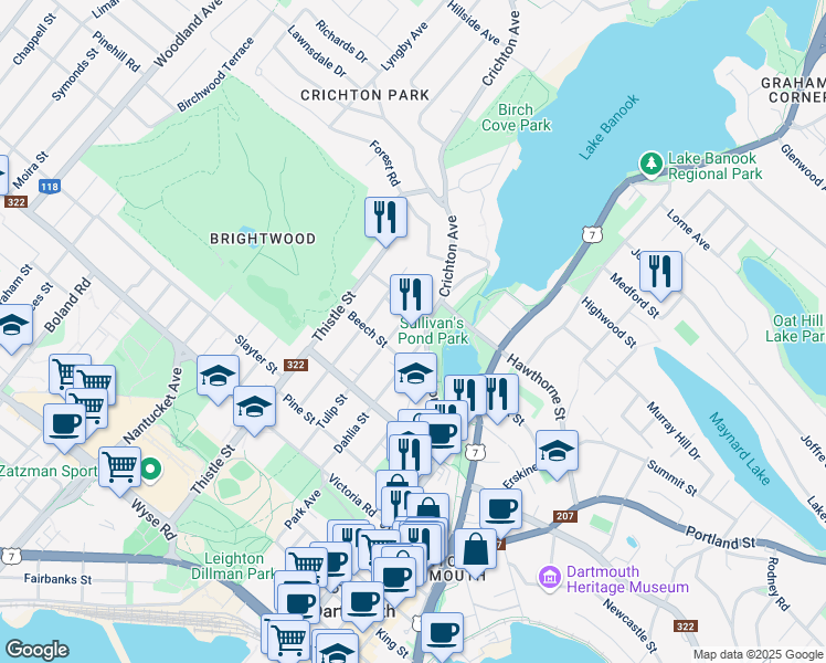 map of restaurants, bars, coffee shops, grocery stores, and more near 1 Oak Street in Dartmouth
