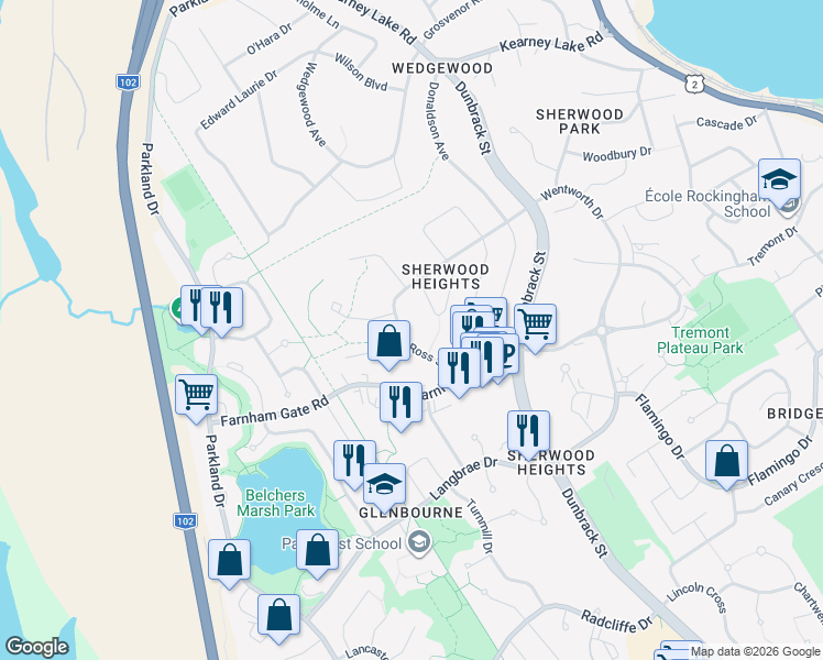 map of restaurants, bars, coffee shops, grocery stores, and more near 196 Ross Street in Halifax