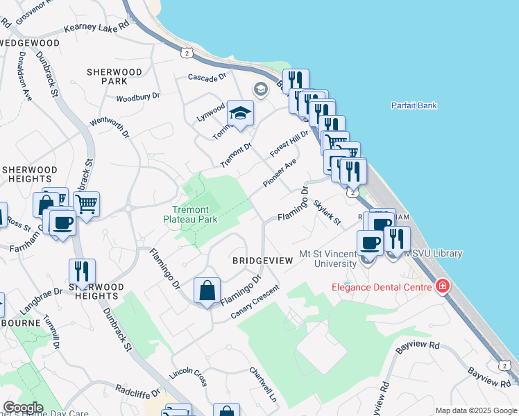 map of restaurants, bars, coffee shops, grocery stores, and more near 60 Pioneer Avenue in Halifax