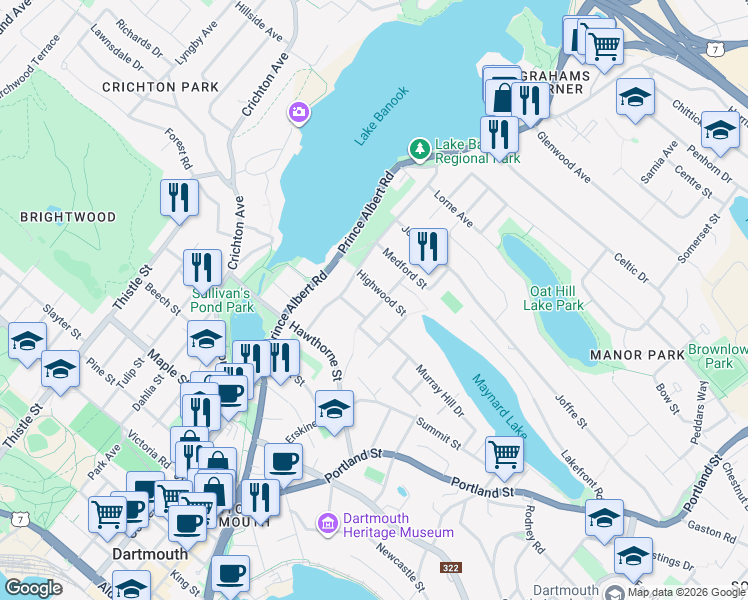 map of restaurants, bars, coffee shops, grocery stores, and more near 19 Canterbury Street in Dartmouth