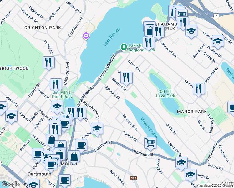 map of restaurants, bars, coffee shops, grocery stores, and more near 17 Highwood Street in Dartmouth