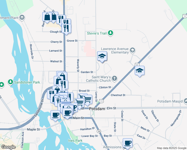 map of restaurants, bars, coffee shops, grocery stores, and more near 24 Garden Street in Potsdam