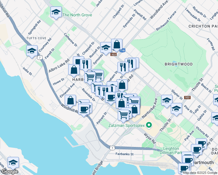 map of restaurants, bars, coffee shops, grocery stores, and more near 13 Cairn Street in Dartmouth