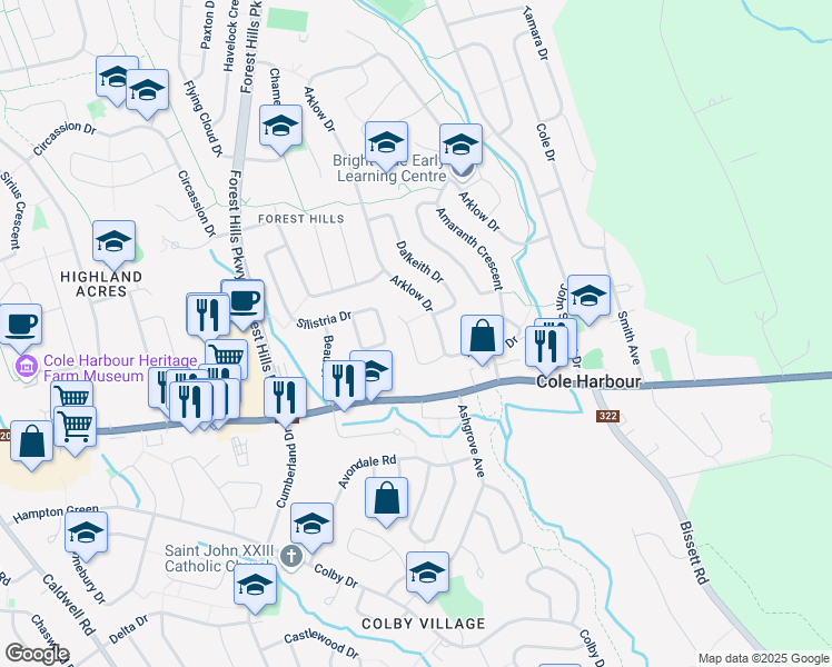 map of restaurants, bars, coffee shops, grocery stores, and more near 30 Leacock Court in Dartmouth