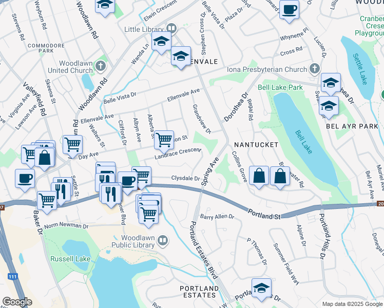 map of restaurants, bars, coffee shops, grocery stores, and more near 15 Landrace Crescent in Dartmouth