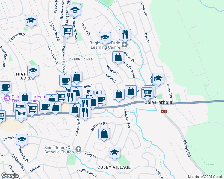 map of restaurants, bars, coffee shops, grocery stores, and more near 30 Leacock Court in Dartmouth