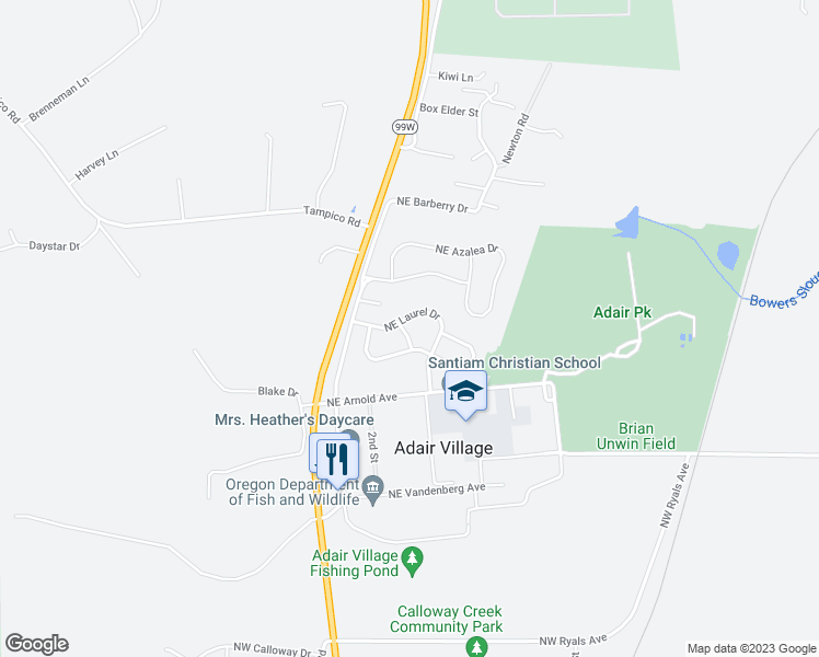 map of restaurants, bars, coffee shops, grocery stores, and more near 4314 Northeast Holly Lane in Adair Village