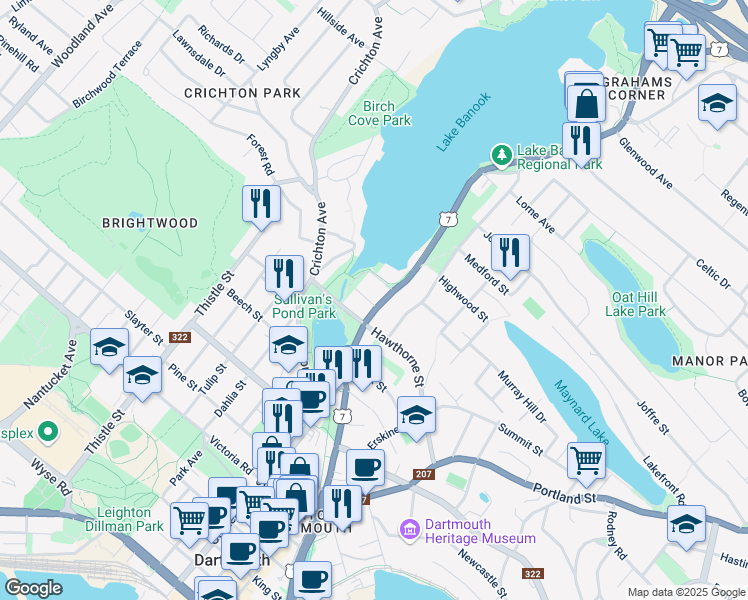 map of restaurants, bars, coffee shops, grocery stores, and more near 138 Prince Albert Road in Dartmouth