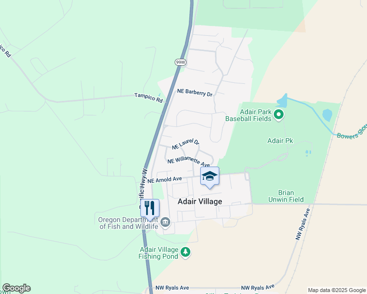 map of restaurants, bars, coffee shops, grocery stores, and more near 4312 Northeast Holly Lane in Adair Village