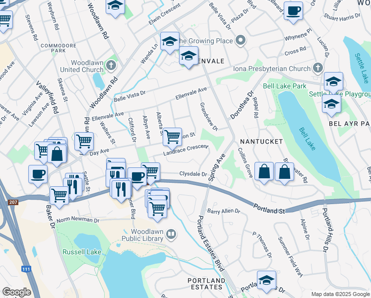 map of restaurants, bars, coffee shops, grocery stores, and more near Landrace Crescent in Dartmouth