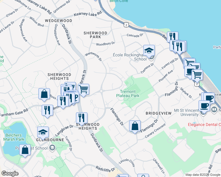 map of restaurants, bars, coffee shops, grocery stores, and more near 26 Eliza Ritchie Crescent in Halifax