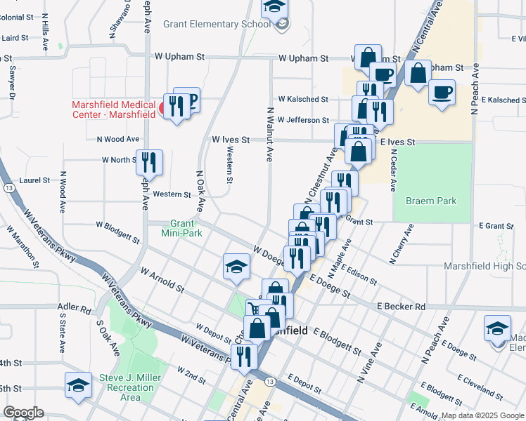 map of restaurants, bars, coffee shops, grocery stores, and more near 608 North Walnut Avenue in Marshfield