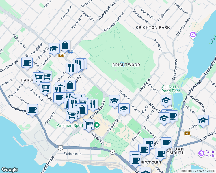map of restaurants, bars, coffee shops, grocery stores, and more near 205 School Street in Dartmouth