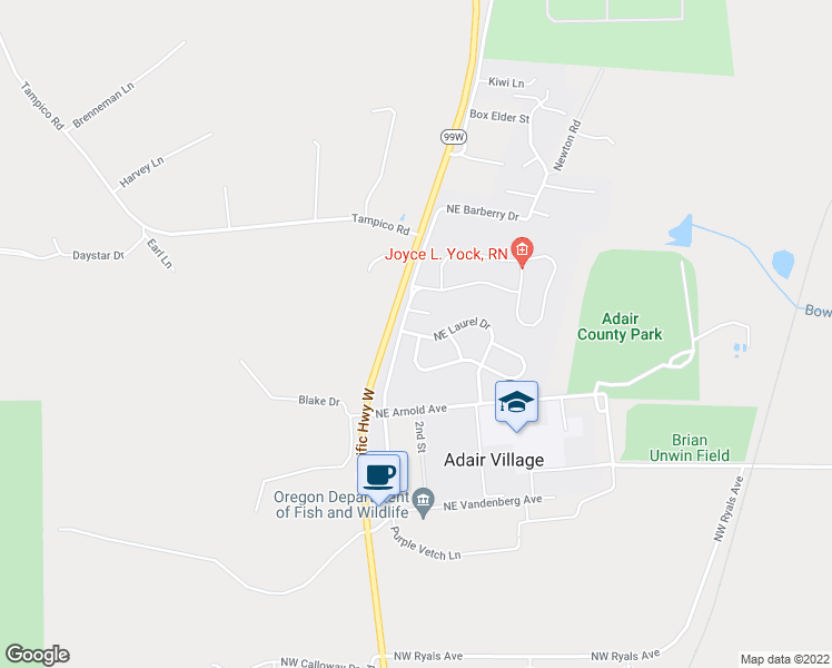 map of restaurants, bars, coffee shops, grocery stores, and more near 5241 Northeast Laurel Drive in Adair Village